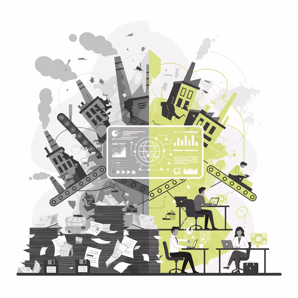 Illustration contrasting a chaotic, paper-filled industrial setup on the left with an AI-powered, data-driven office on the right — symbolizing how companies evolve into hedge-fund-like intelligent enterprises.