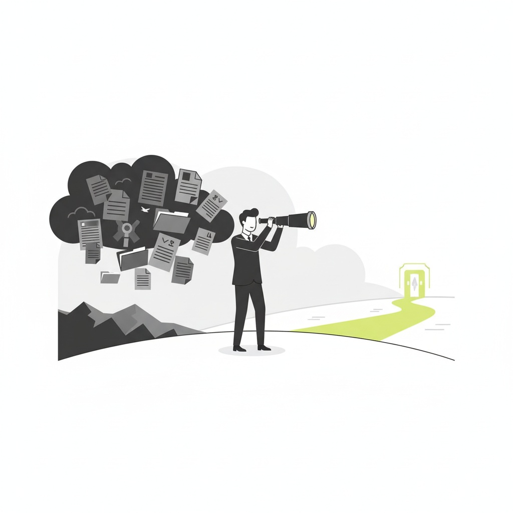 Illustration of a professional using a telescope to look beyond a cloud of regulatory documents toward a clear path ahead — symbolizing proactive horizon scanning as a competitive advantage.