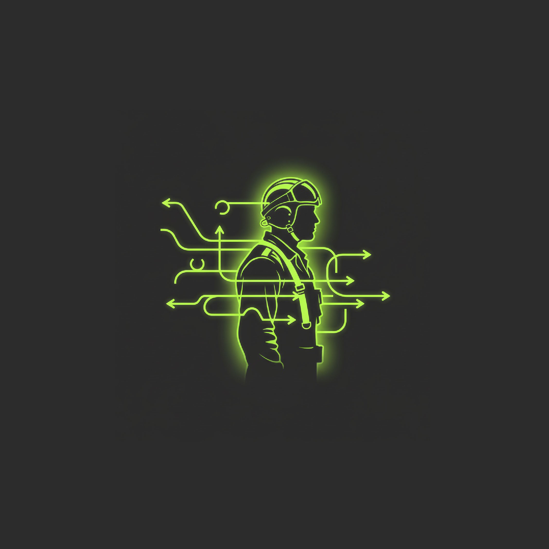 Neon green outline of a fighter pilot surrounded by directional arrows, symbolizing the OODA Loop — Observe, Orient, Decide, Act — used to navigate AI decisions.