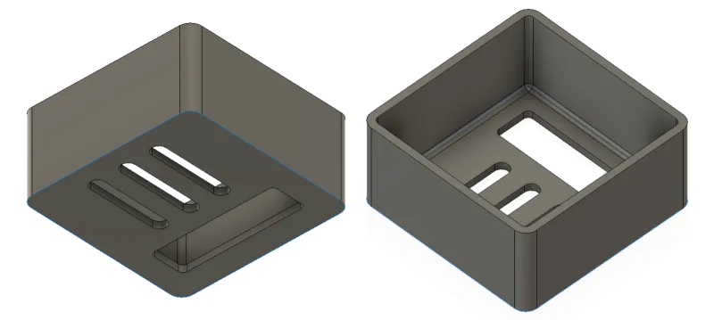 A front and back view of a part showing fillets and edges