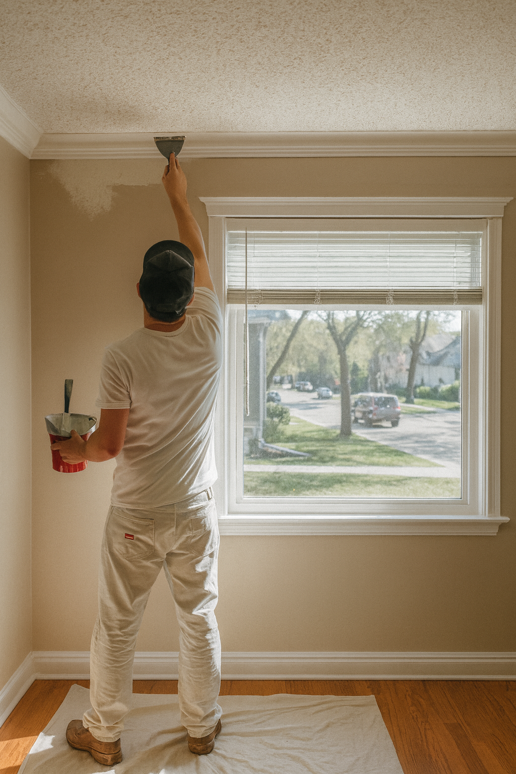 Close-up of a painter from Integrity Painting prepping a roller with fresh paint, highlighting the clean and organized workspace maintained on every job site.