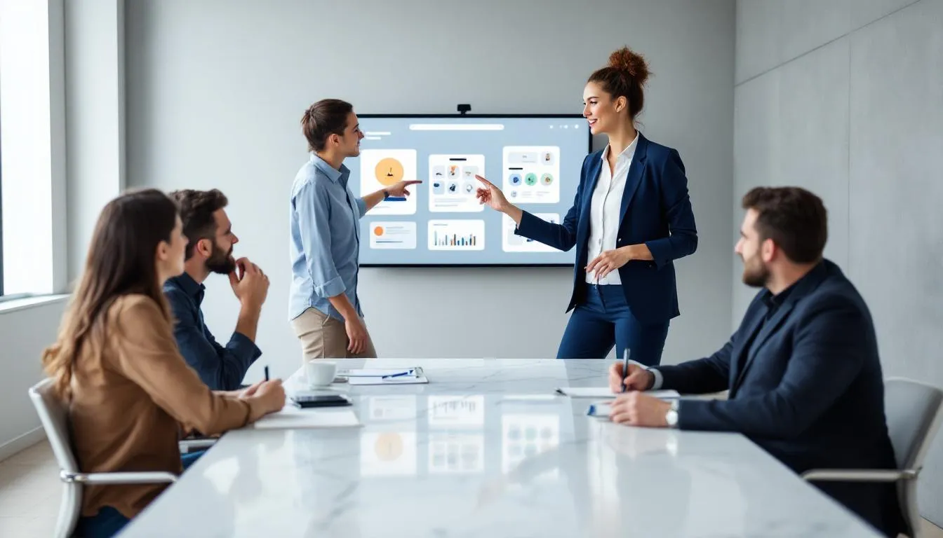 In a professional meeting setting, a freelance graphic designer presents creative concepts to engaged clients, showcasing their graphic design portfolio while discussing visual communication strategies. The atmosphere is collaborative, highlighting the designer's graphic design skills and the potential for a successful freelance graphic design career.