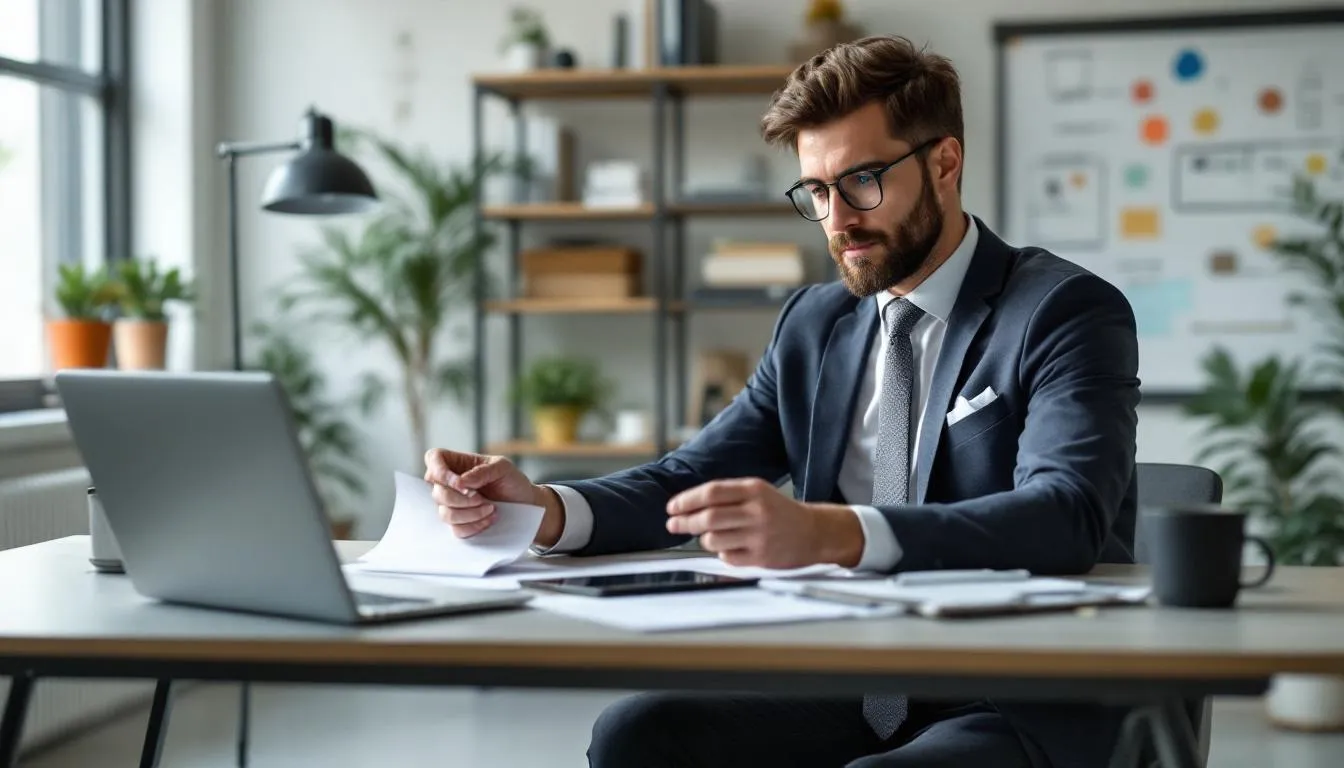 In a well-organized workspace, a business owner is intently reviewing client contracts and project proposals, showcasing the meticulous nature of running a freelance graphic design business. The scene highlights the importance of client communication and business savvy in the graphic design industry.
