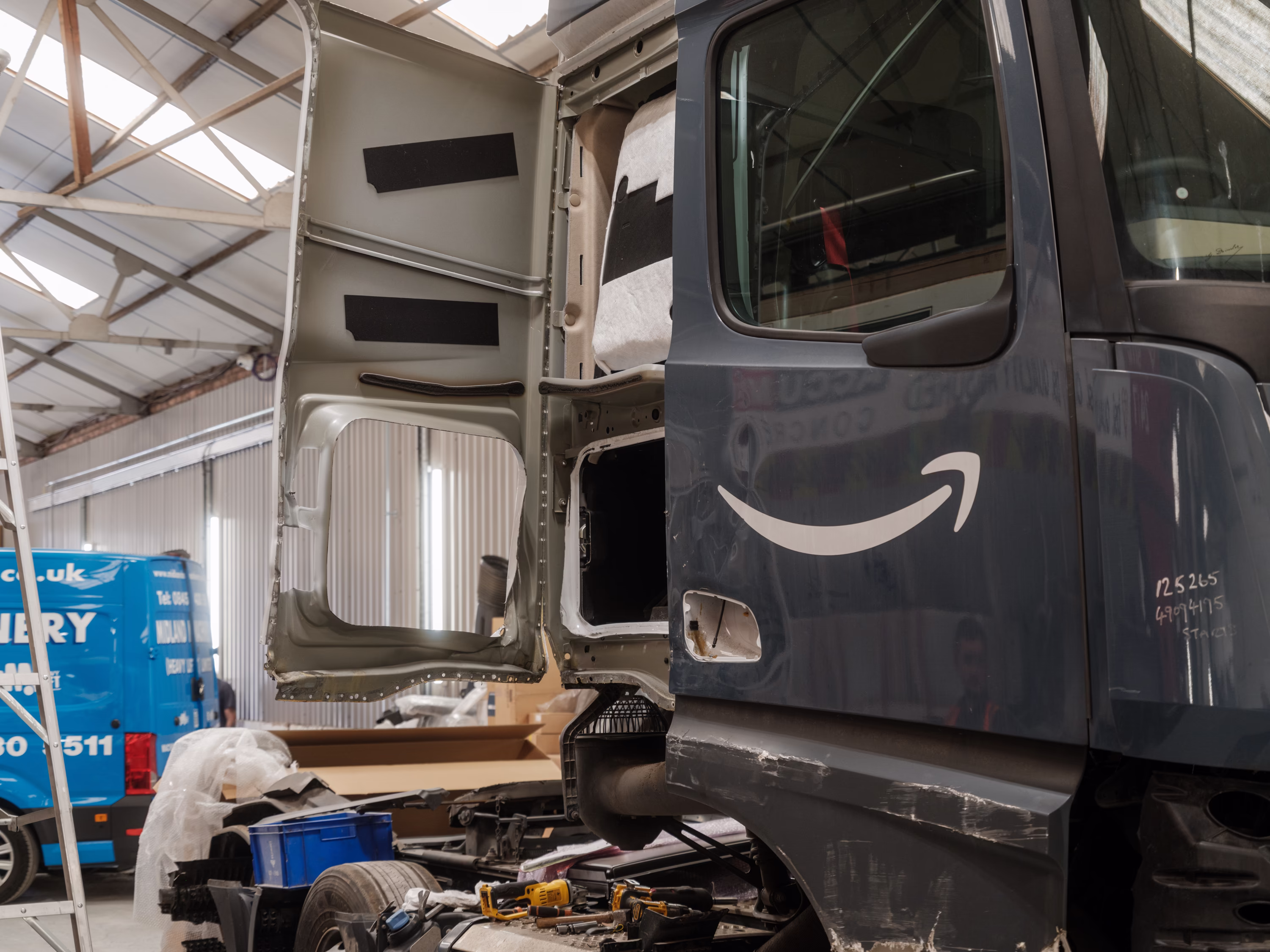 A damaged Amazon Mercedes HGV.
