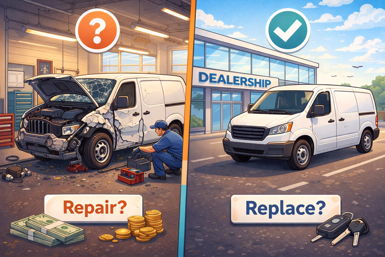 A heading carton depicting a damaged van vs a new van.