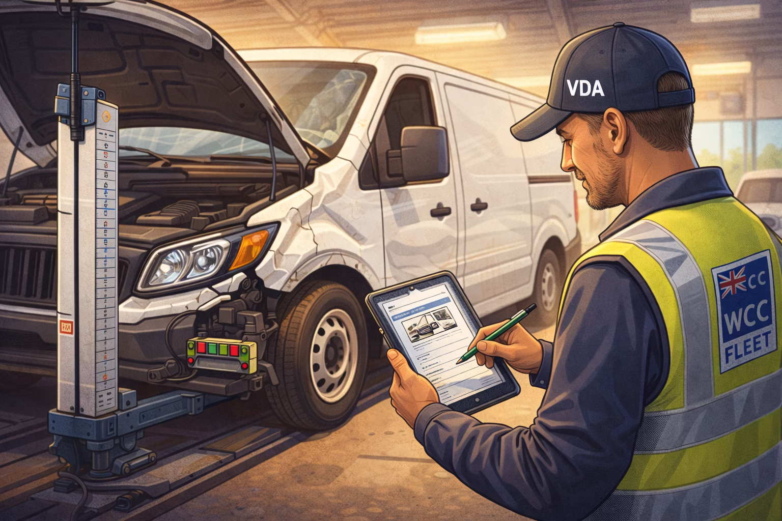 A cartoon depicting a VDA assessing a van