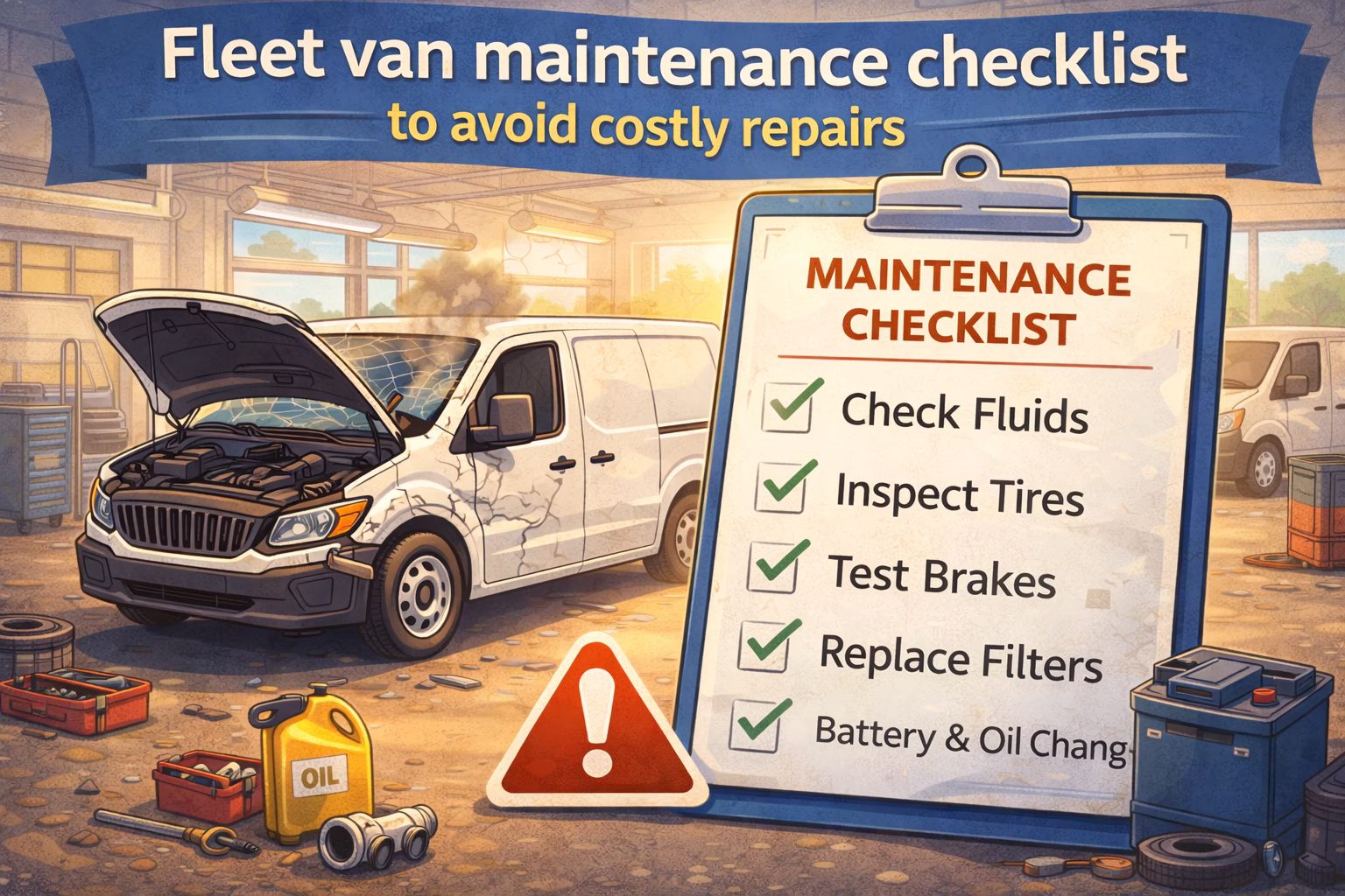 A cartoon depicting a van maintenance checklist.