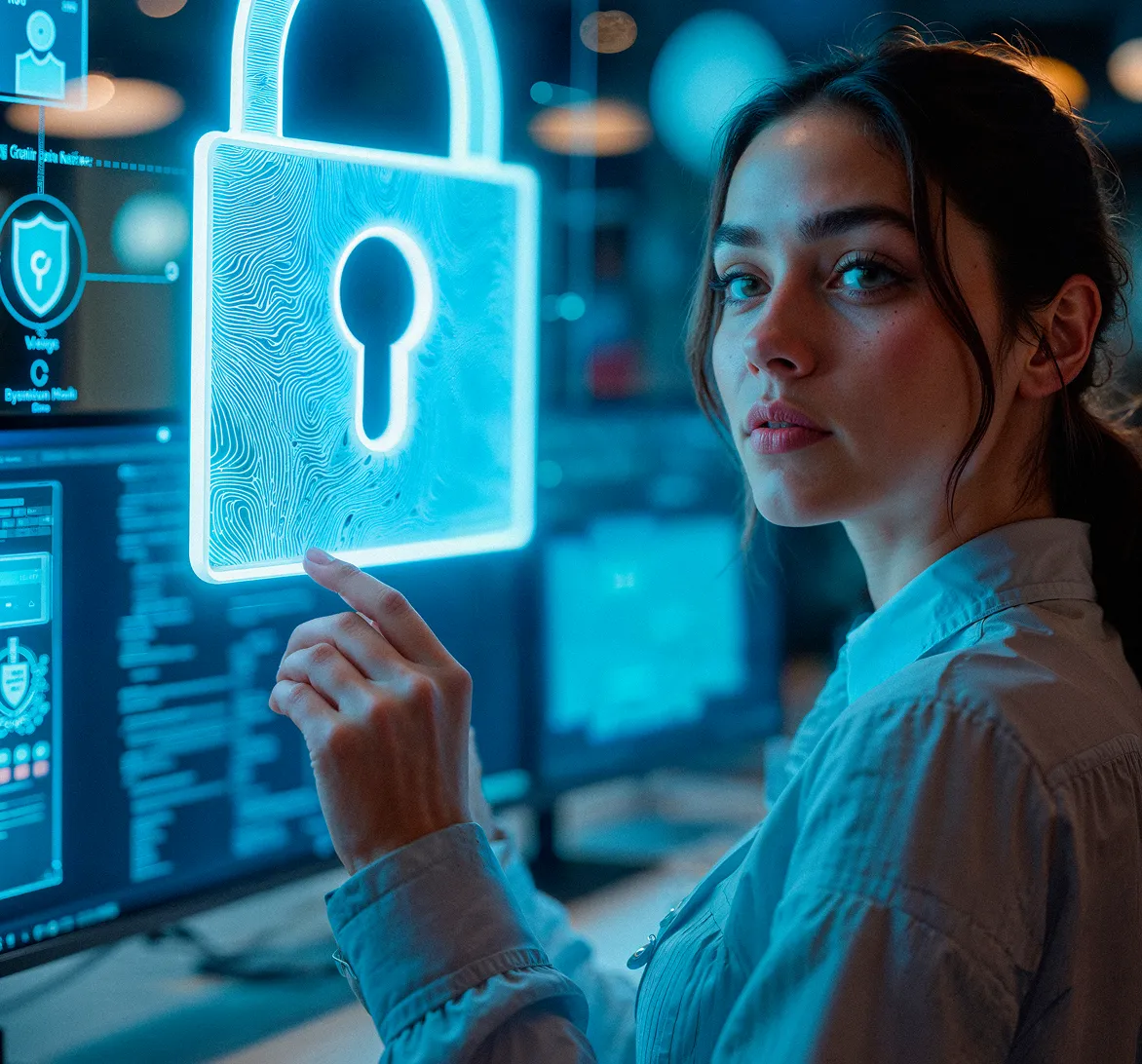 Woman touching a glowing digital lock icon on a transparent screen displaying cybersecurity data.