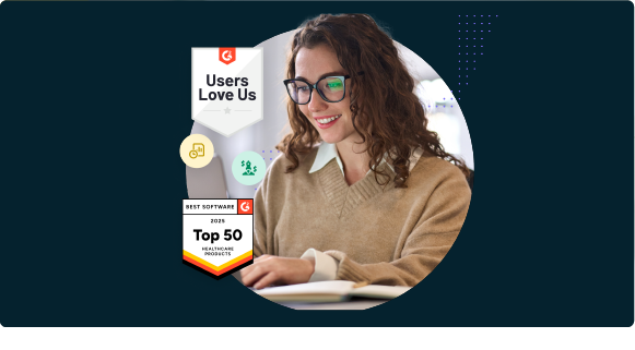 Smiling woman with glasses using a laptop, alongside badges for Users Love Us and Top 50 Healthcare Products 2023.