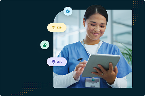 Healthcare worker in uniform using a tablet with LXP and LMS icons nearby.