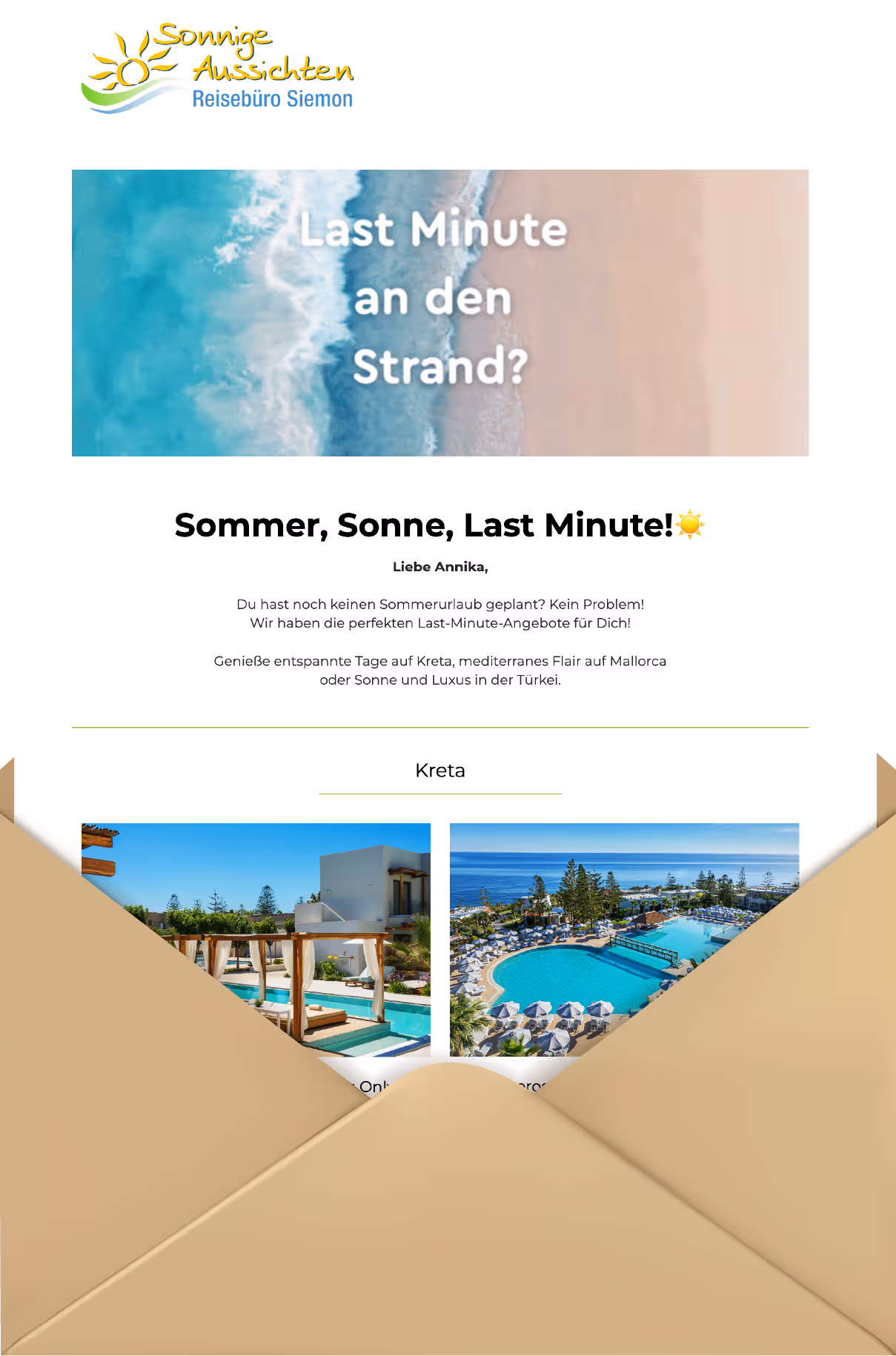 E-Mail-Kampagne mit Sommer- und Last-Minute-Angeboten für Reisen nach Kreta, Mallorca und in die Türkei – Beispiel digitaler Kundenkommunikation.