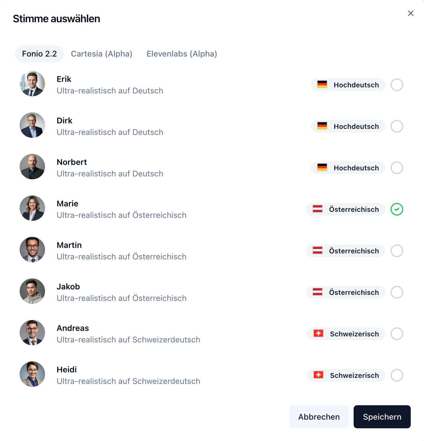 Auswahlmenü für Stimmen mit Fotos und Beschreibungen wie Erik, Dirk, Norbert in Hochdeutsch, Marie, Martin, Jakob in Österreichisch und Andreas, Heidi in Schweizerisch, mit Auswahloptionen und Speichern- sowie Abbrechen-Schaltflächen.