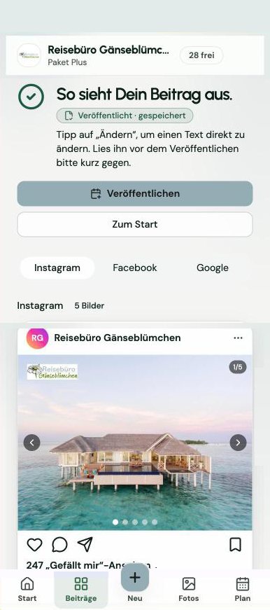 Screenshot SPLASH Studio auf dem Handy: „So sieht Dein Beitrag aus“ mit Vorschau für Instagram