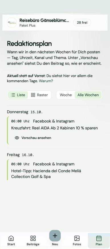 Screenshot SPLASH Studio auf dem Handy: Redaktionsplan mit Tag, Uhrzeit, Kanal und Thema der nächsten Beiträge