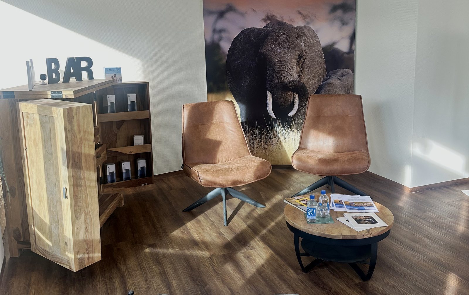Lounge mit Elefanten-Wandbild im Reisebüro Sonnige Aussichten in Neuenkirchen
