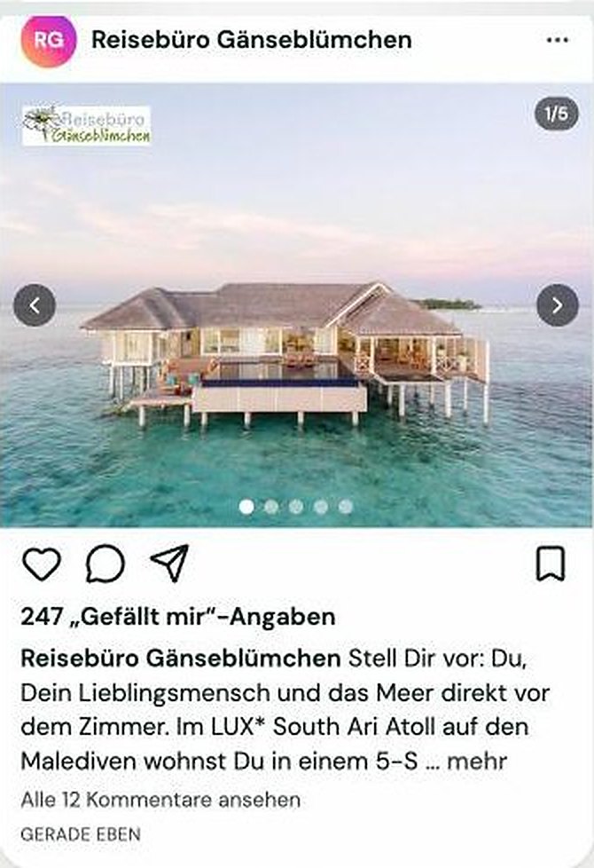 Instagram-Beitrag aus SPLASH Studio: Reisebüro Gänseblümchen mit Wasserbungalow auf den Malediven