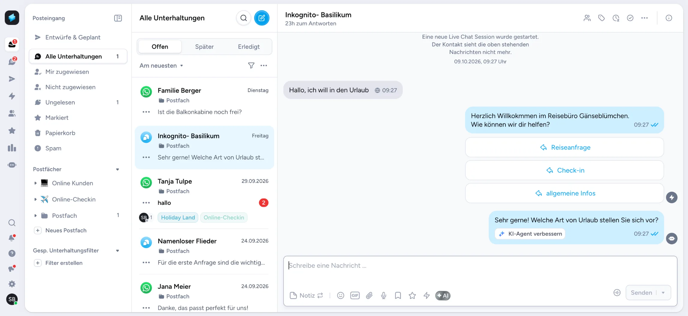 Superchat-Posteingang mit WhatsApp- und Live-Chat-Unterhaltungen eines Reisebüros (Beispielkonto)
