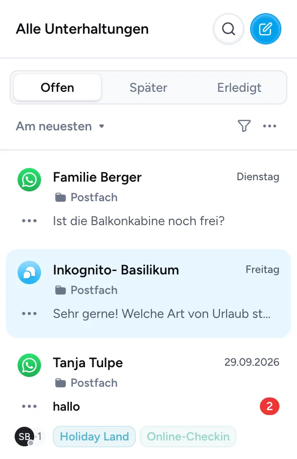 Superchat-Liste „Alle Unterhaltungen“ mit WhatsApp- und Live-Chat-Anfragen eines Reisebüros (Beispielkonto)