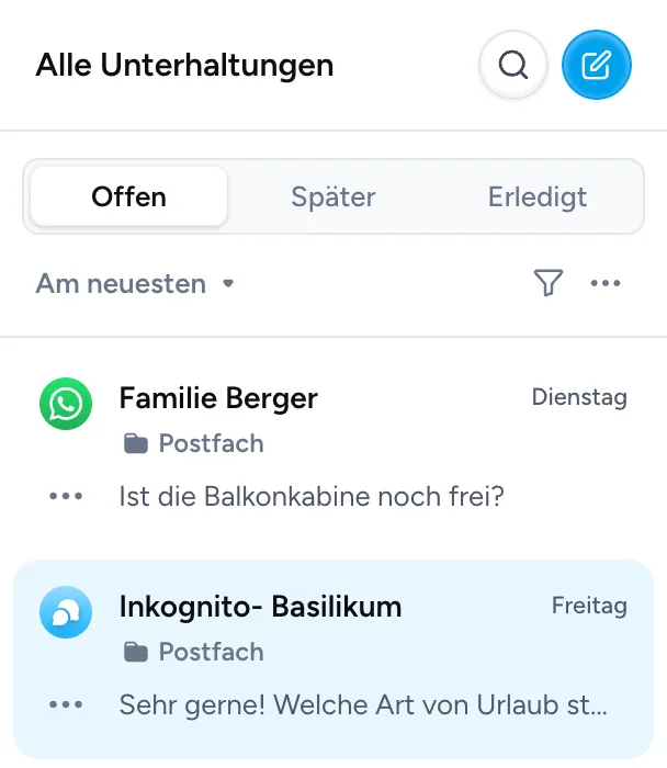 Superchat-Liste „Alle Unterhaltungen“ mit WhatsApp- und Live-Chat-Anfragen eines Reisebüros (Beispielkonto)