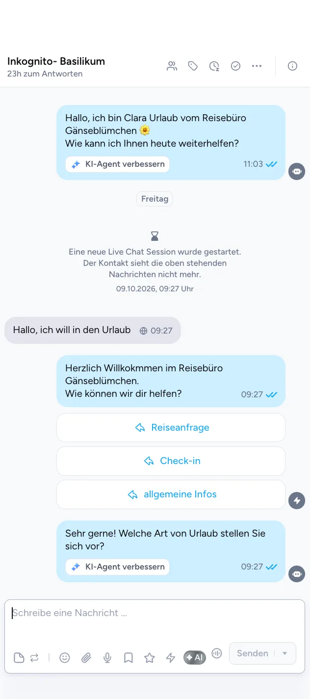 Superchat auf dem Handy: Live-Chat eines Reisebüros mit Begrüßung, Schnellantworten und KI-Agent (Beispielkonto)