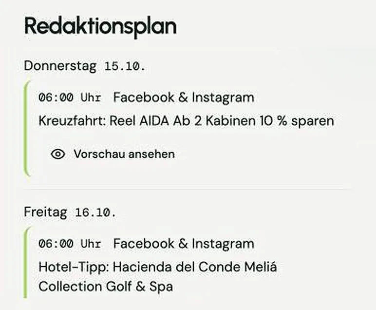 Redaktionsplan in SPLASH Studio: geplante Beiträge für Facebook und Instagram