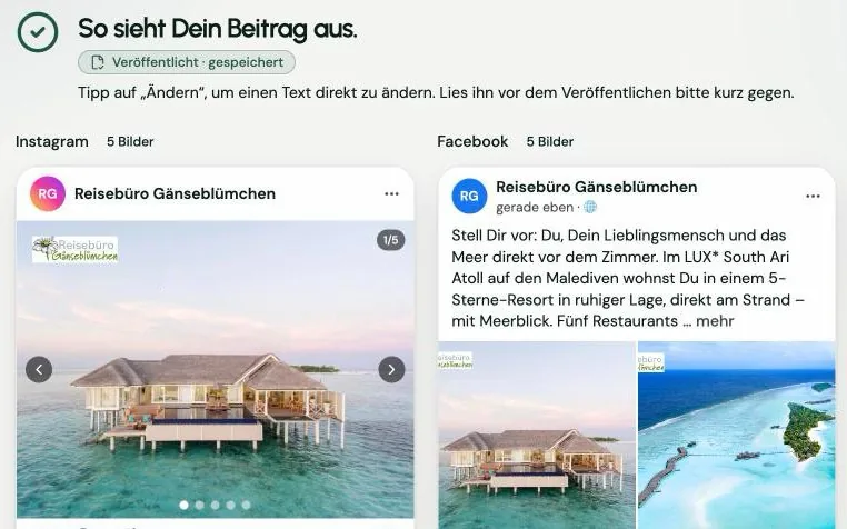 Screenshot SPLASH Studio: „So sieht Dein Beitrag aus“ mit Vorschau für Instagram und Facebook nebeneinander