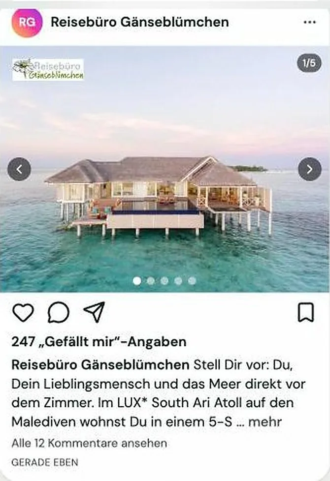 Instagram-Beitrag aus SPLASH Studio: Reisebüro Gänseblümchen mit Wasserbungalow auf den Malediven
