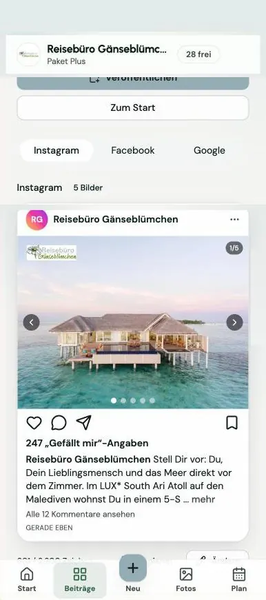 Screenshot SPLASH Studio auf dem Handy: fertiger Instagram-Beitrag des Testbüros Reisebüro Gänseblümchen, mit Logo im Bild