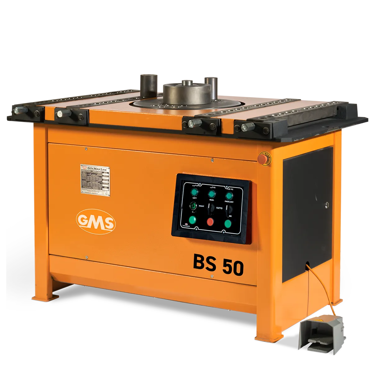 GMS BS50 rebar bending machine with powerful motor and large table for demanding rebar bending tasks.
