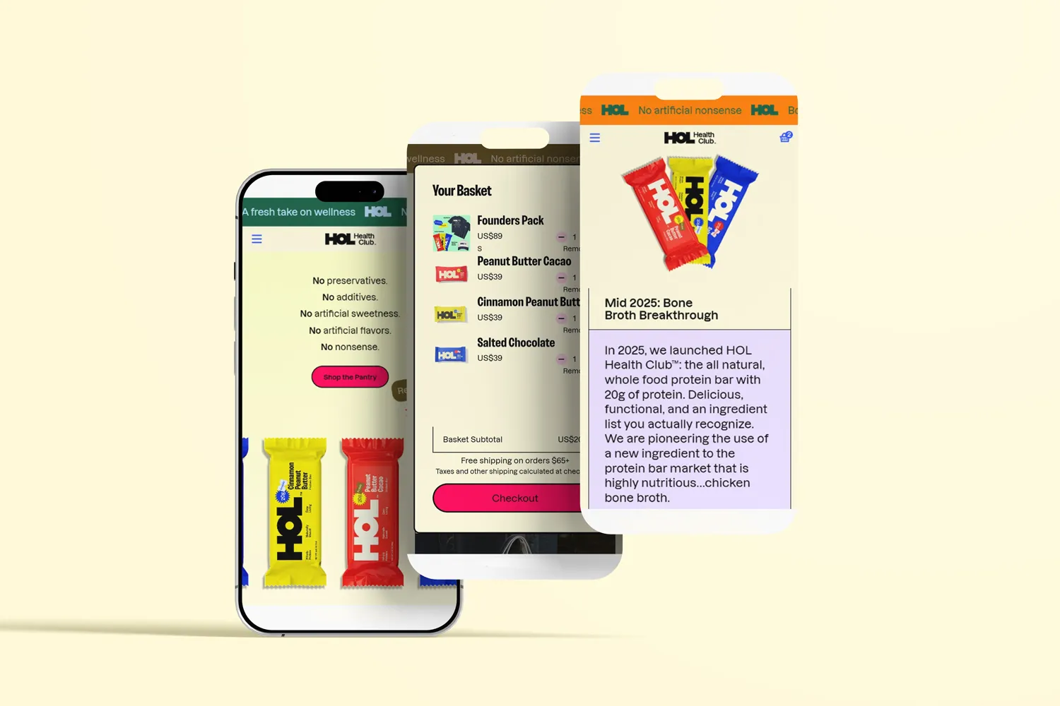 HOL Health Club multiple mobile screens showing product browsing and checkout flow
