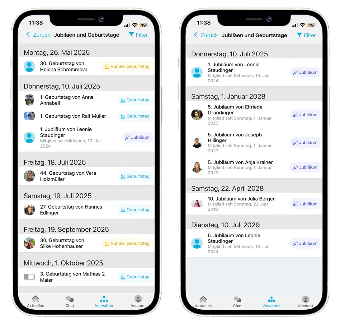 Jubiläumskalender in der mobilen App