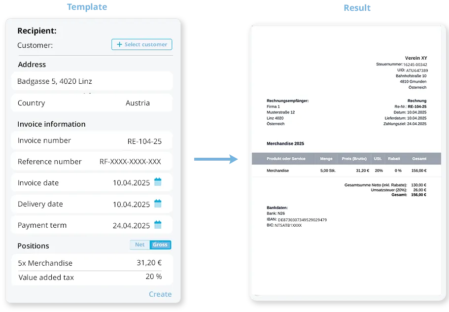 Template for creating invoices