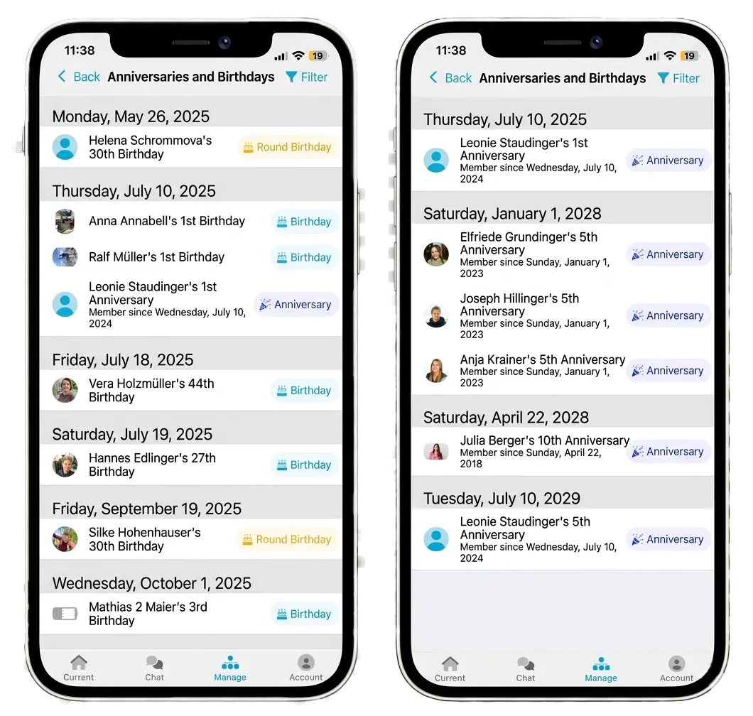 Overview of the Anniversary and Birthday calender