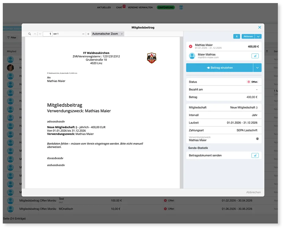 Übersicht der Mitgliedervorschreibung