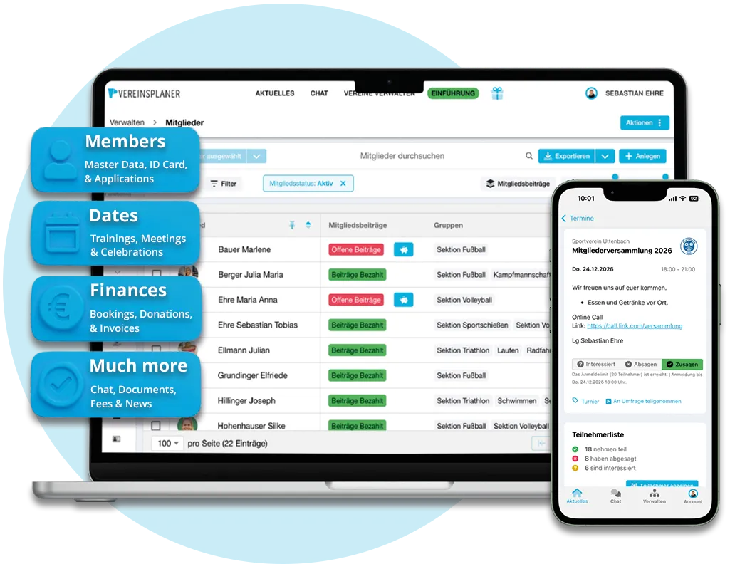 Vereinsplaner sowohl im Web als auch in der mobilen App