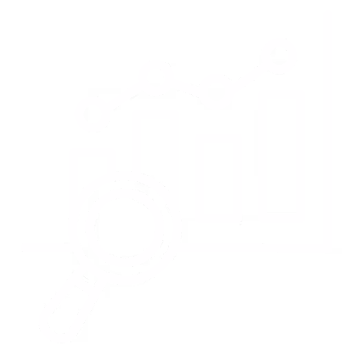 Magnifying glass focusing on a bar chart with a rising line graph above it.