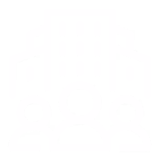 Icon showing three people in front of a large commercial building representing corporate and commercial business.