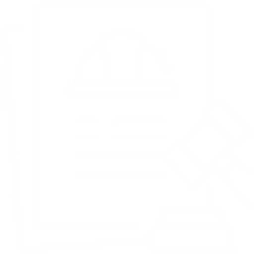 White icon of a document with a hard hat and a gavel beside it on a transparent background.