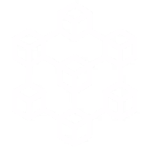 White network of interconnected cubes forming a hexagonal blockchain pattern on a black background.