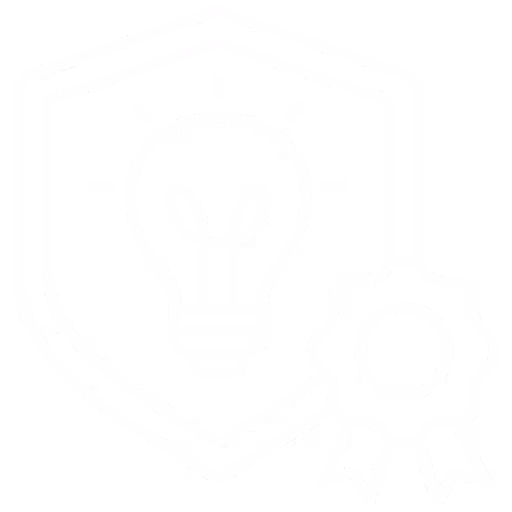 White outline of a shield with a light bulb inside and a ribbon badge on the side, symbolizing intellectual property.