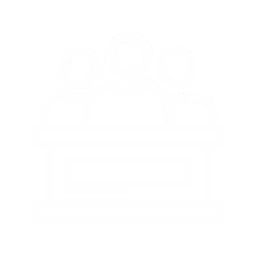 Icon of three people behind a podium representing a panel or group discussion.