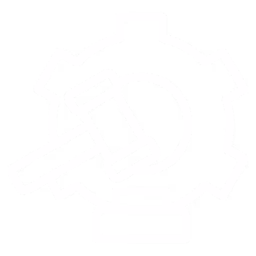 White hammer crossing a gear icon on a black background, symbolizing litigation or legal issues.