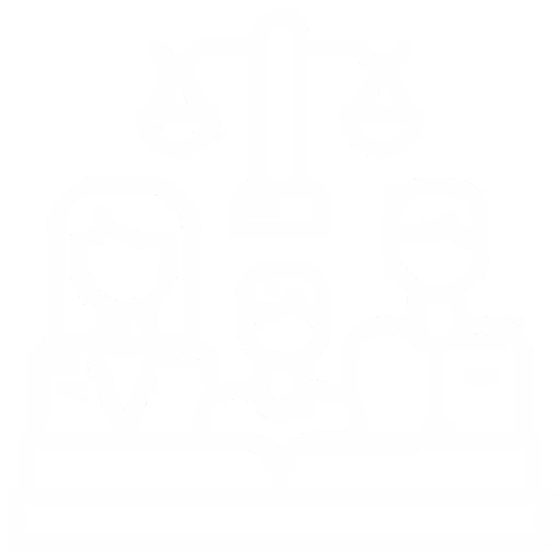 White outline icon of a woman, man, child, book, and balanced scales symbolizing family law.
