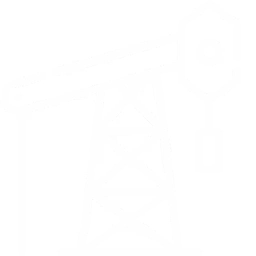 White line art of a mining crane with a hook on a transparent background.