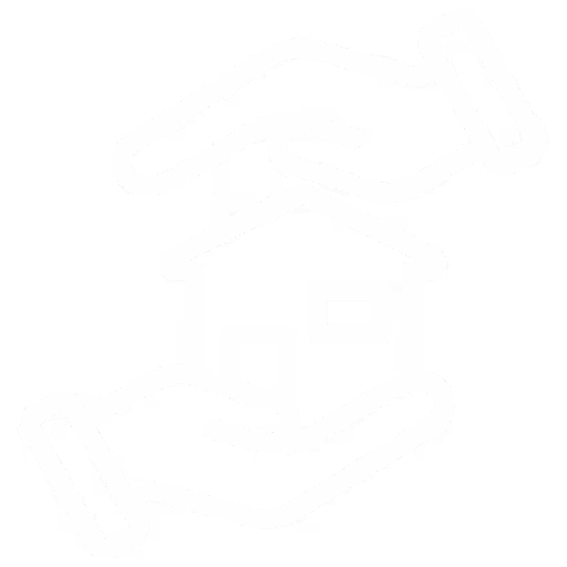 Two hands protectively surrounding a house icon in white outline on black background.