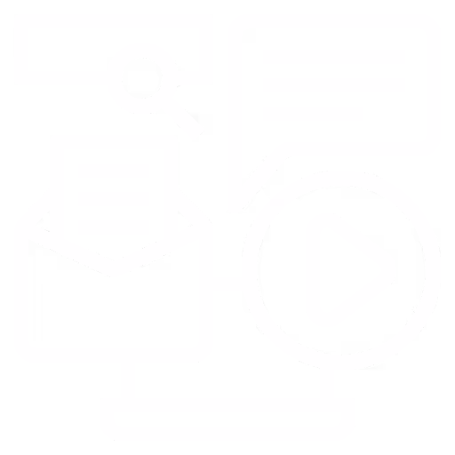 Icon of computer screen with email, magnifying glass, chat bubble, and play button representing digital communication.