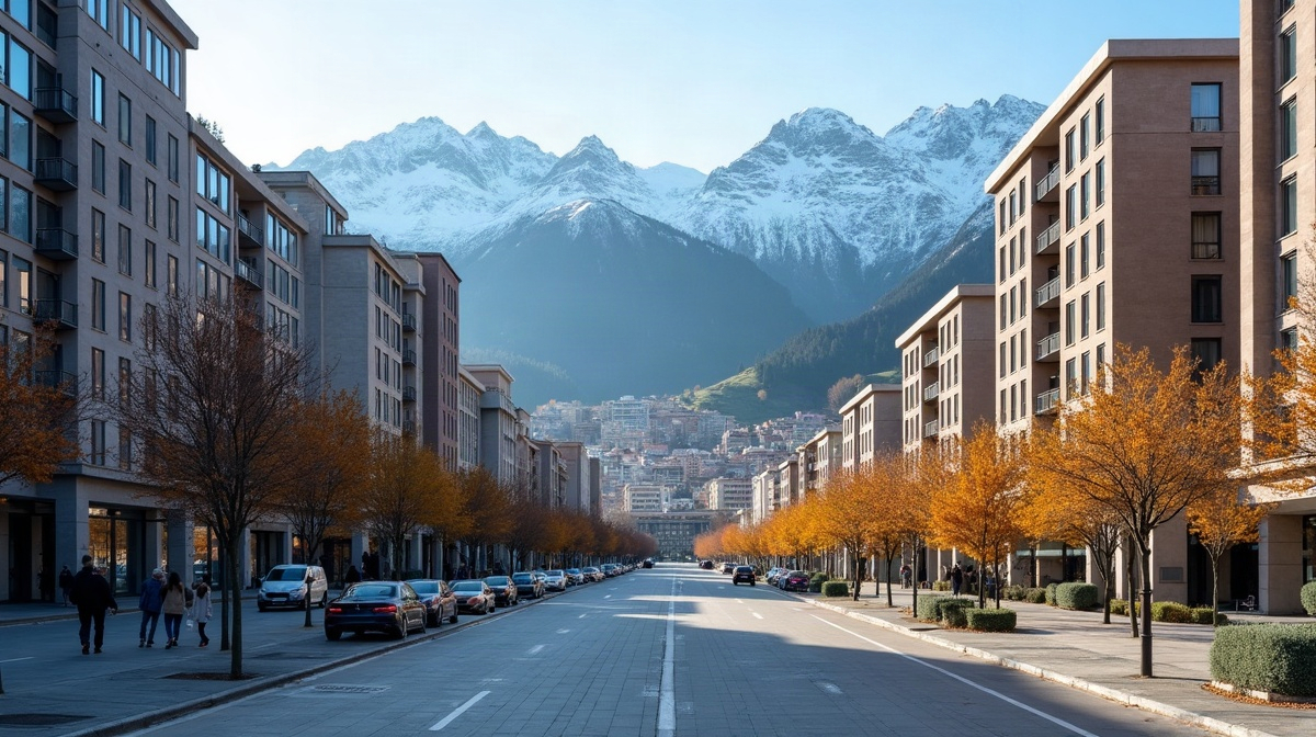 Avenue d'Andorre avec les Pyrenees enneigees en arriere-plan