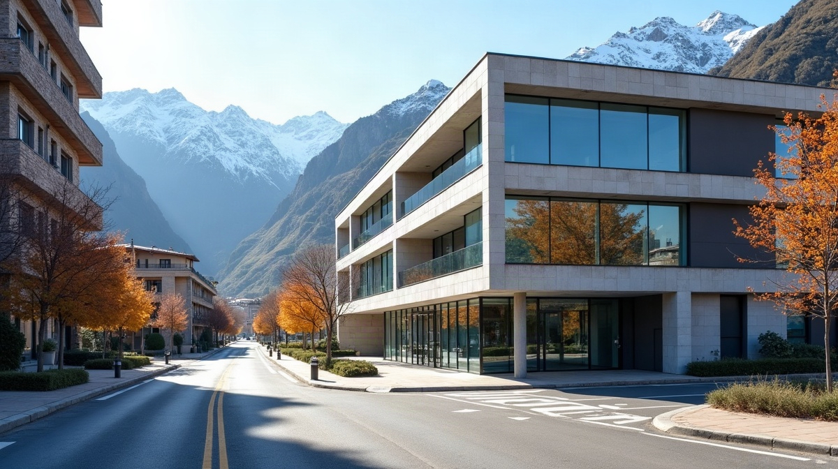 Rue d'Andorre avec une clinique moderne et les Pyrenees enneigees en arriere-plan