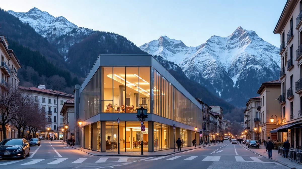 Immeuble vitré abritant un espace de travail partagé dans une rue d'Andorre, avec les Pyrénées enneigées en arrière-plan