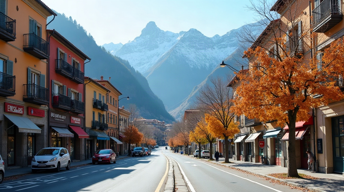 Rue commerçante d'une ville d'Andorre avec les Pyrénées enneigées au fond, en automne